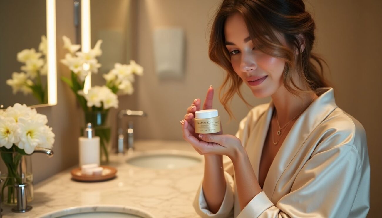 Woman applying moisturizer in a chic bathroom setting.