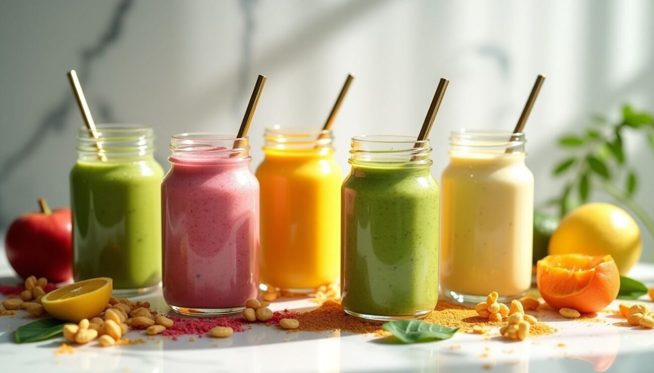 Elegant morning smoothies in glass jars on marble.