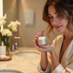 Woman applying moisturizer in a chic bathroom setting.