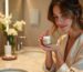 Woman applying moisturizer in a chic bathroom setting.