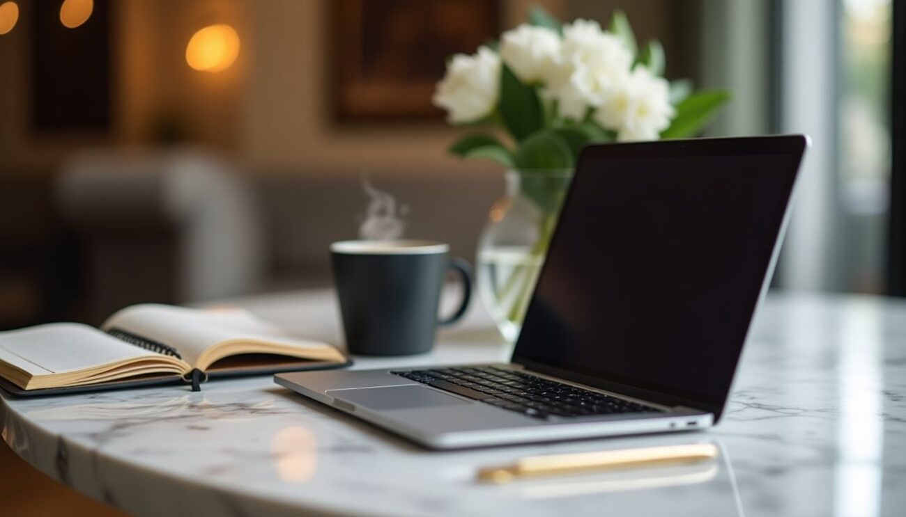 Chic workspace with laptop, planner, and coffee.